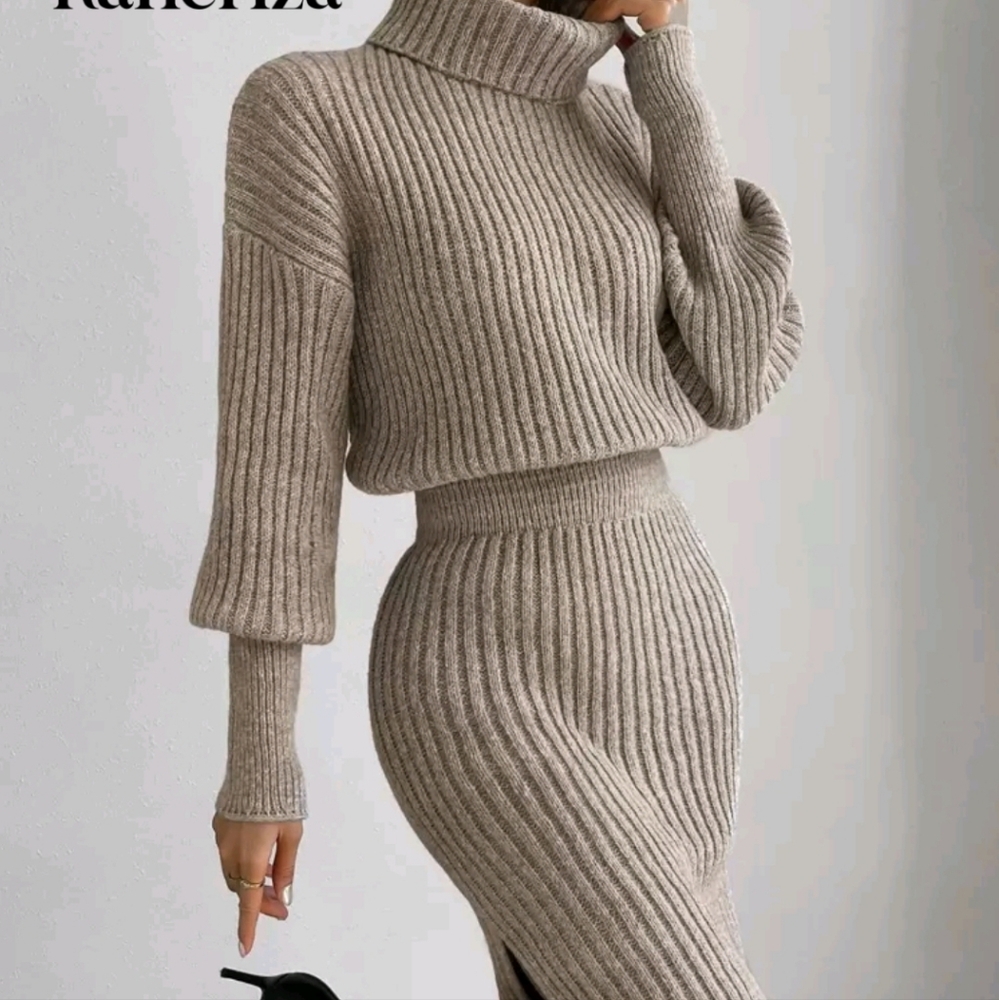 Elegant Tan Ribbed Knit Dress
